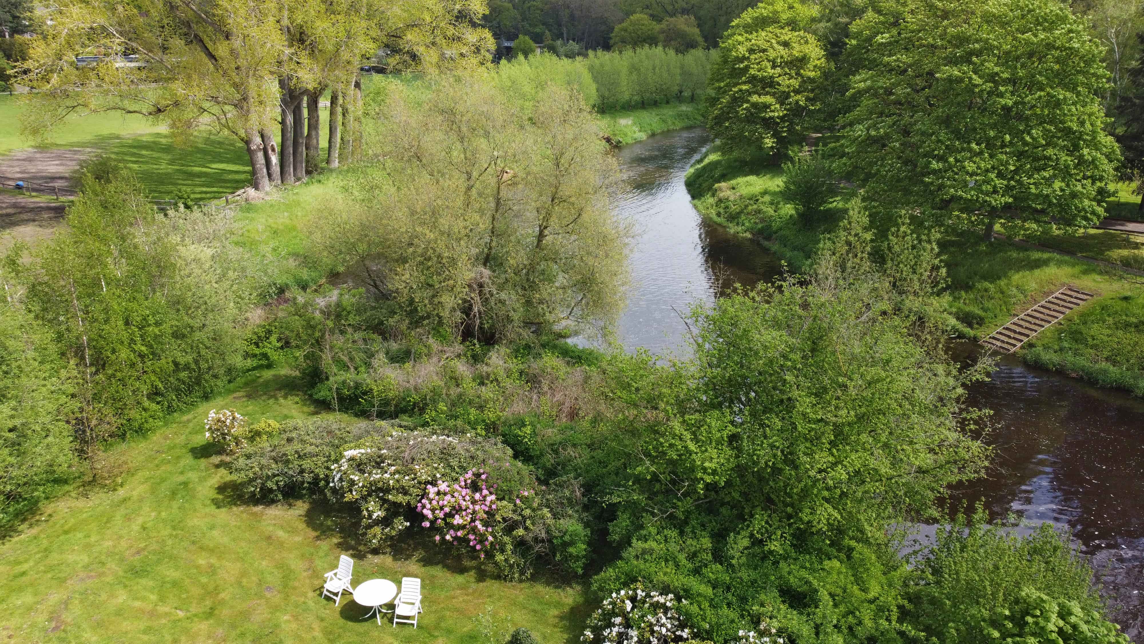 Das Bild zeigt einen schönen Garten direkt am Wasser. Das viele Grün und blühende Pflanzen wirken prachtvoll.