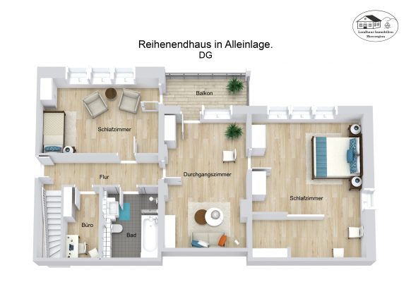 Grundriss – Reihenendhaus in Alleinlage. – DG – 3D