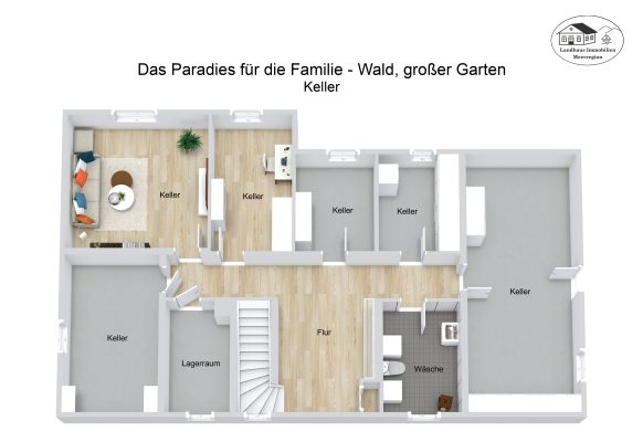 Grundriss – Das Paradies für die Familie – Wald, großer Garten – Keller – 3D
