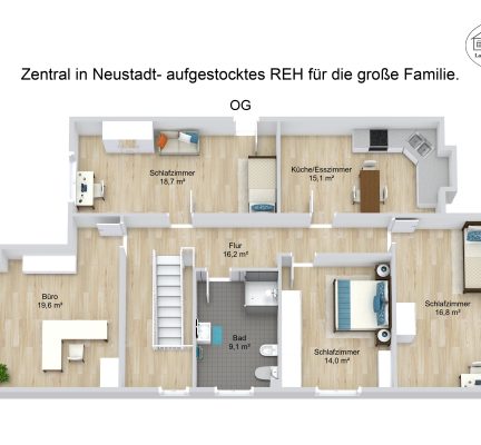 Grundriss – Zentral in Neustadt- aufgestocktes REH für die große Familie. – OG – 3D