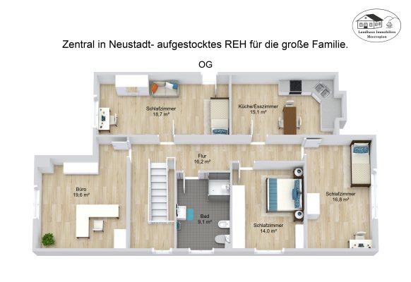 Grundriss – Zentral in Neustadt- aufgestocktes REH für die große Familie. – OG – 3D