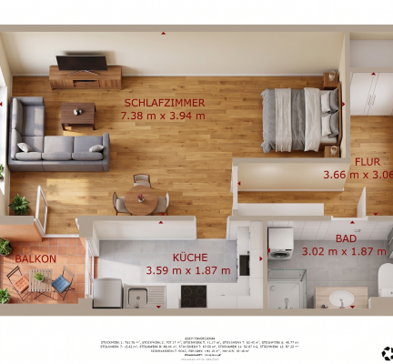 Grundriss 3D, Whg. 10, 1 Zimmer, EG, Haus 3