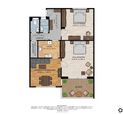 Grundriss 3D, Whg. 21, 3 Zimmer, OG, Haus 5