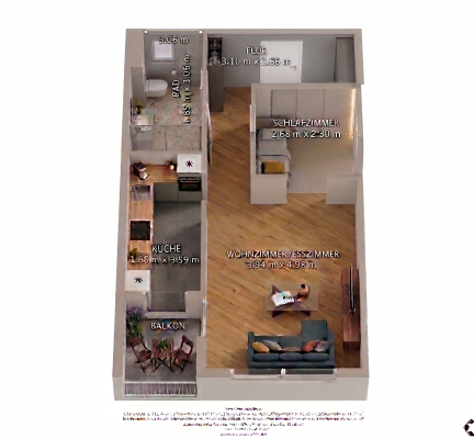 Grundriss 3D, Whg. 4, 1 Zimmer mit Schlafnische, EG Haus 3