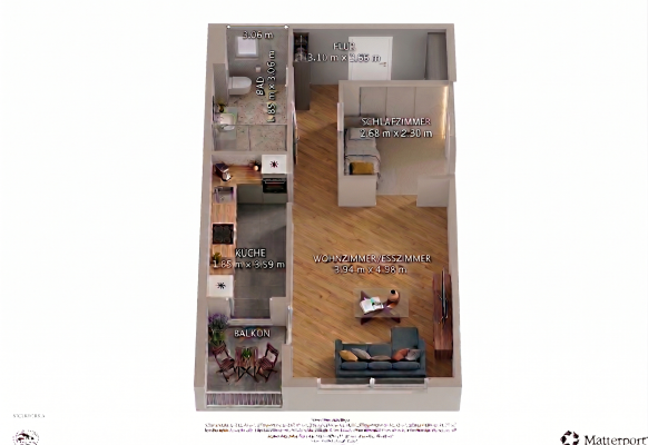 Grundriss 3D, Whg. 4, 1 Zimmer mit Schlafnische, EG Haus 3